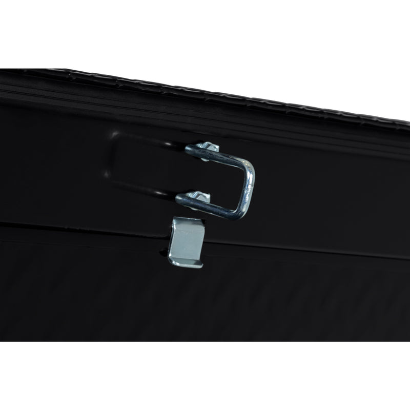 Weather Guard 117-5-04 crossover saddle box in gloss black, close-up of the latch striker plate