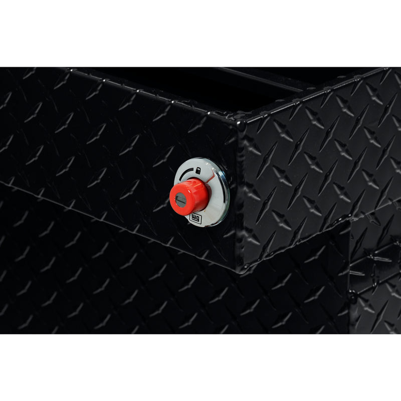 Weather Guard 117-5-04 crossover saddle box in gloss black, close-up of the red push-button lock and Weather Guard badge