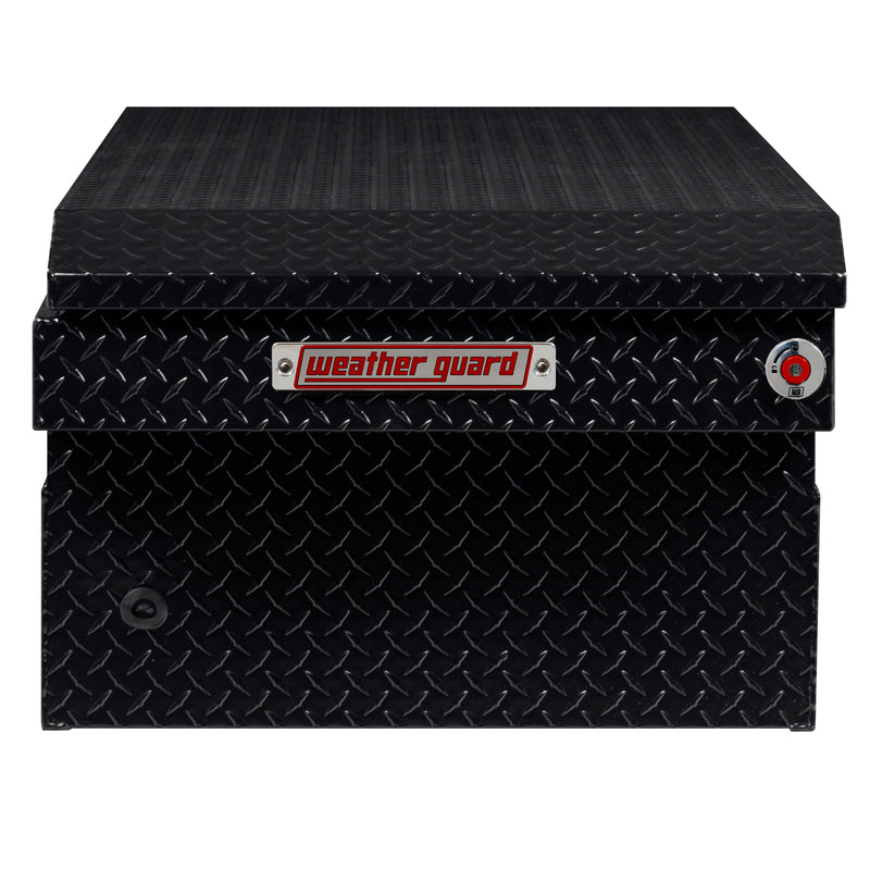 Weather Guard 117-5-04 crossover saddle box in gloss black, side profile showing the body depth and the bed-rail notch