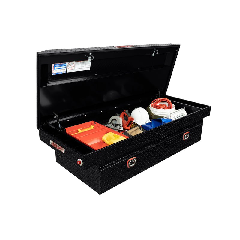 Weather Guard 117-5-04 crossover saddle box in gloss black, staged open with hand tools inside to show how the usable space loads