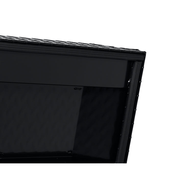Weather Guard 117-5-04 crossover saddle box in gloss black, close-up of the D-shaped ribbed weather seal around the opening