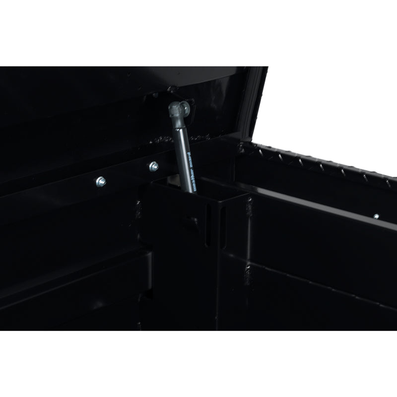 Weather Guard 117-5-04 crossover saddle box in gloss black, close-up of the welded gas strut shield inside the body