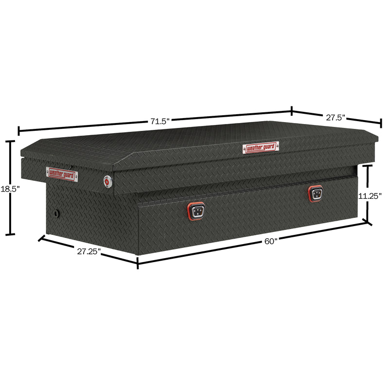 Weather Guard 117-52-04 crossover saddle box in textured matte black, dimensional line drawing with the overall length, width and height called out