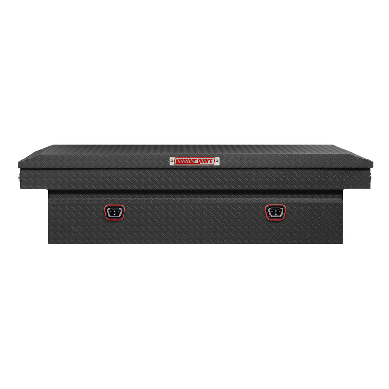 Weather Guard 117-52-04 crossover saddle box in textured matte black, straight-on front elevation with the lid closed