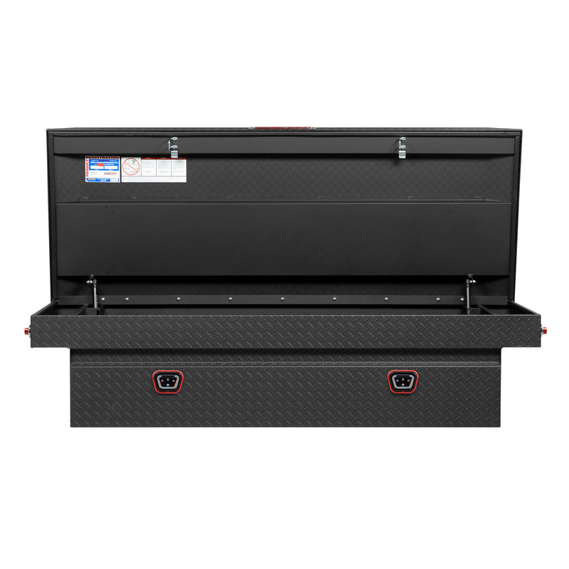 Weather Guard 117-52-04 crossover saddle box in textured matte black, straight-on front view with the lid open, showing the full interior