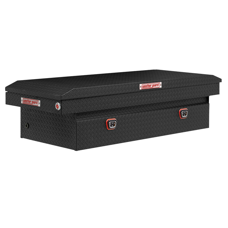 Weather Guard 117-52-04 crossover saddle box in textured matte black, front three-quarter studio view with the lid closed