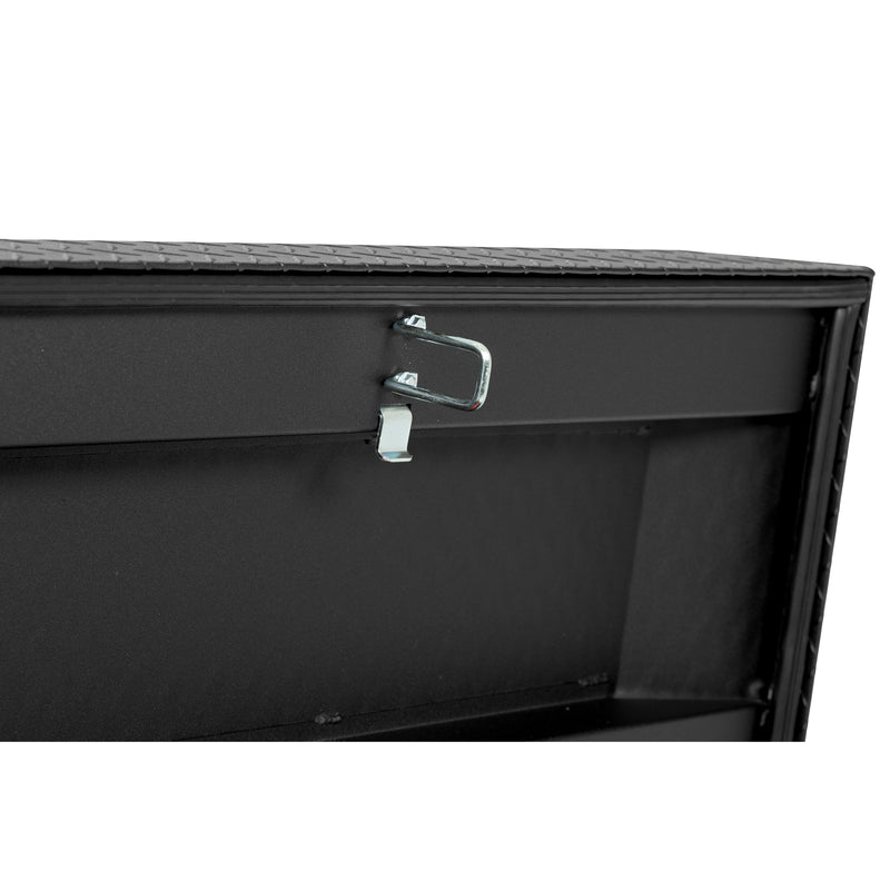 Weather Guard 117-52-04 crossover saddle box in textured matte black, close-up of the latch striker plate