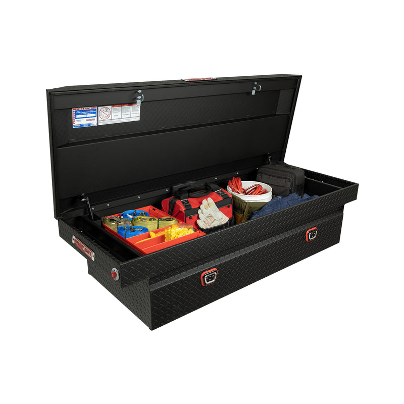 Weather Guard 117-52-04 crossover saddle box in textured matte black, staged open with hand tools inside to show how the usable space loads