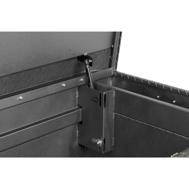 Weather Guard 117-52-04 crossover saddle box in textured matte black, close-up of the welded gas strut shield inside the body