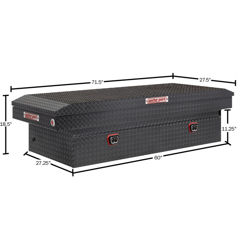 Weather Guard 117-6-04 crossover saddle box in gunmetal gray, dimensional line drawing with the overall length, width and height called out