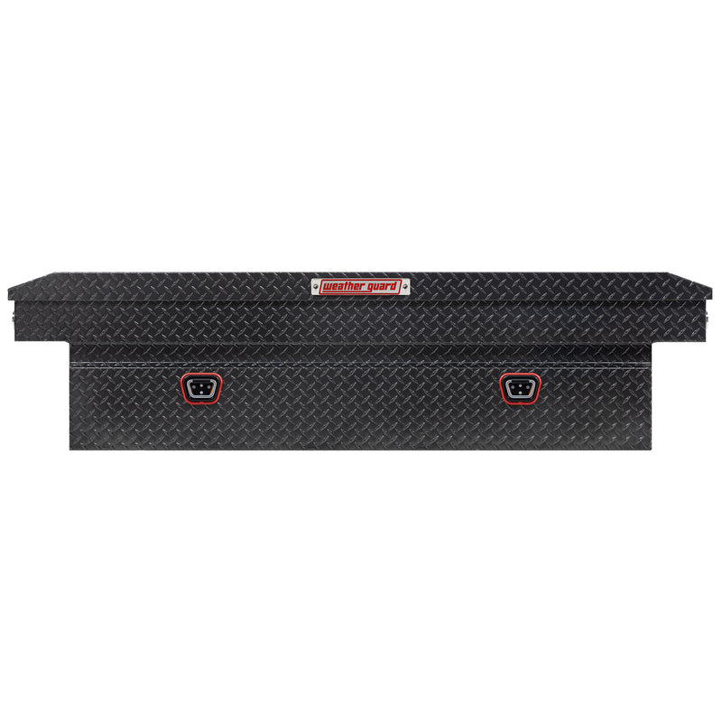 Weather Guard 117-6-04 crossover saddle box in gunmetal gray, straight-on front elevation with the lid closed