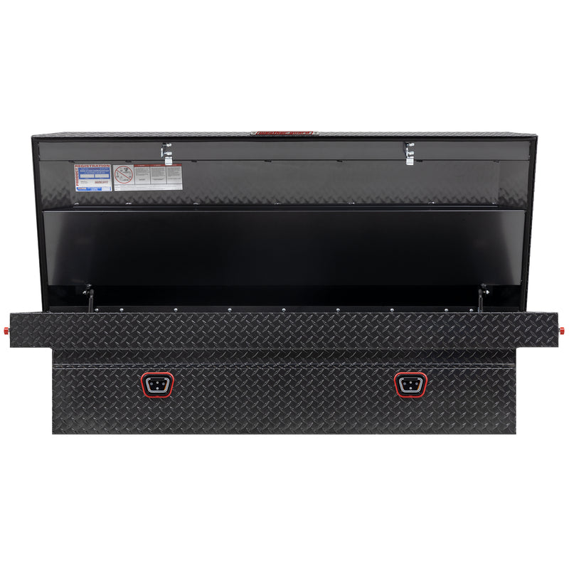 Weather Guard 117-6-04 crossover saddle box in gunmetal gray, straight-on front view with the lid open, showing the full interior
