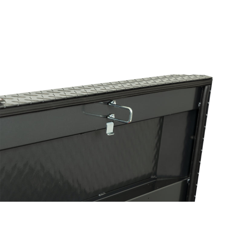 Weather Guard 117-6-04 crossover saddle box in gunmetal gray, close-up of the latch striker plate