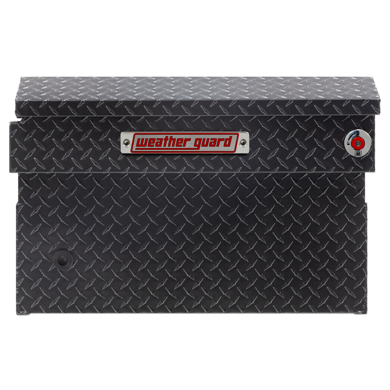 Weather Guard 117-6-04 crossover saddle box in gunmetal gray, side profile showing the body depth and the bed-rail notch