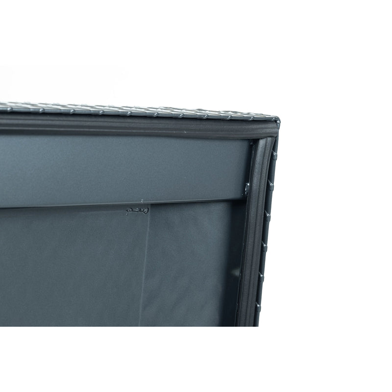 Weather Guard 117-6-04 crossover saddle box in gunmetal gray, close-up of the D-shaped ribbed weather seal around the opening