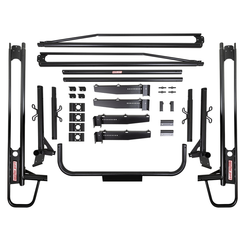 Every component of the Weather Guard heavy-duty steel truck rack laid out before assembly