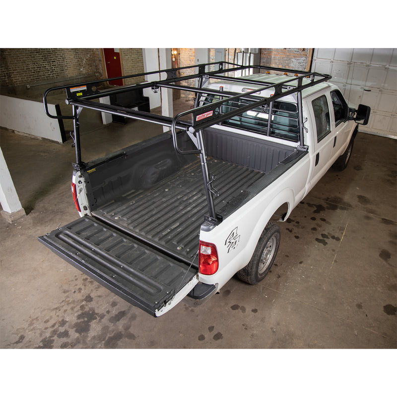 Empty Weather Guard heavy-duty truck rack on a white pickup with the tailgate down and accessories fitted