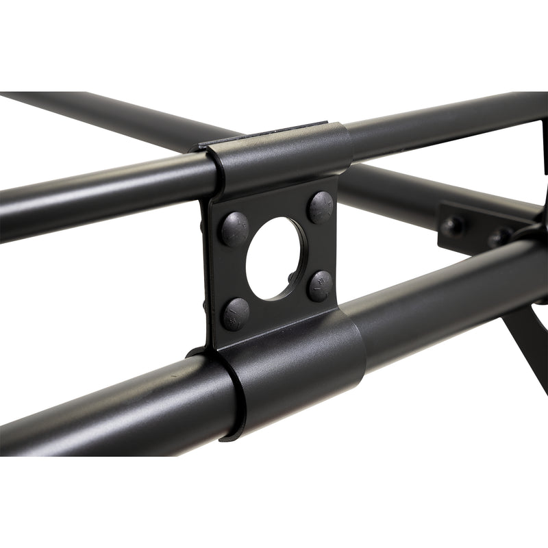 Detail of the support bracket joining the crossbar to the top rail on the heavy-duty truck rack