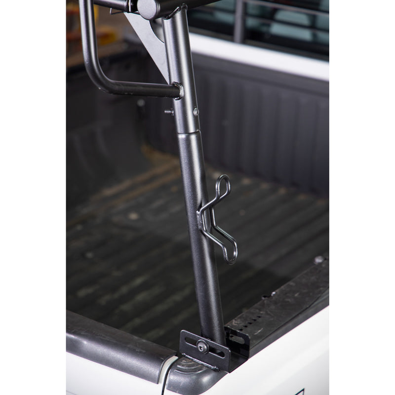 Tie-down hook on a Weather Guard heavy-duty truck rack upright inside a pickup bed