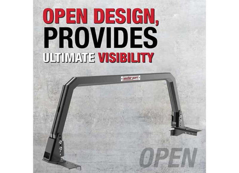 Weather Guard marketing tile for the open frame headache rack headlined open design provides ultimate visibility