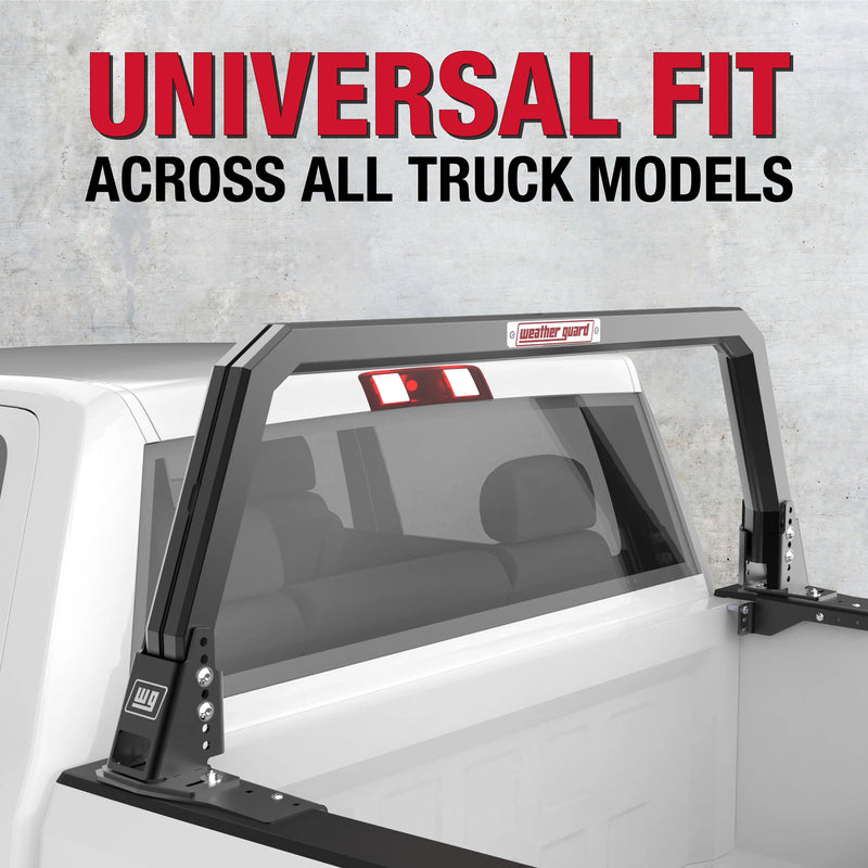 Weather Guard universal fit marketing tile showing the open frame headache rack mounted on a white pickup