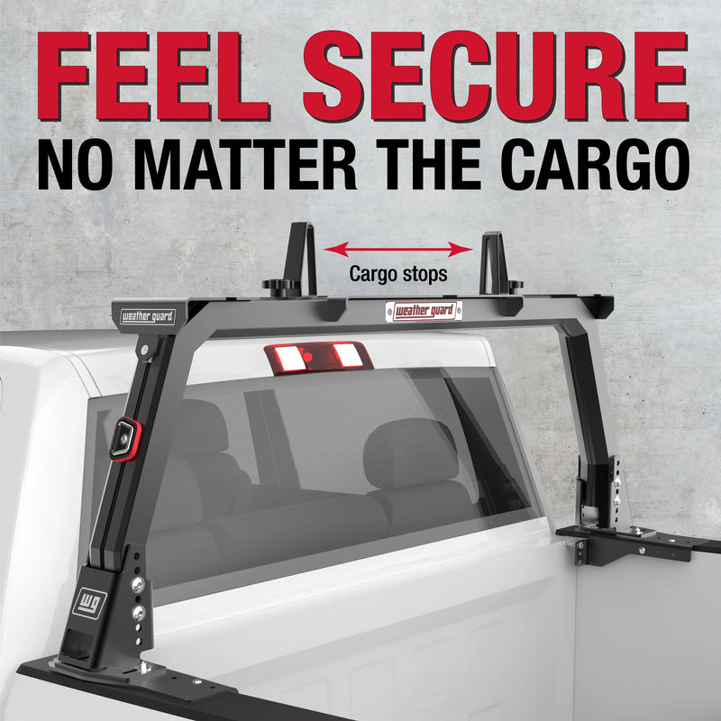 Weather Guard marketing tile showing cargo stops fitted to the open frame headache rack on a white truck