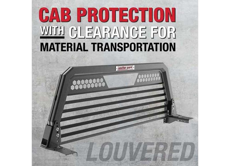 Weather Guard marketing tile for the louvered headache rack headlined cab protection with clearance for material transportation