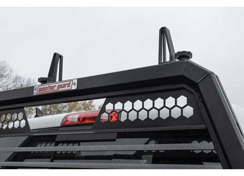 Detail of the louver slats and the third brake light cut-out on the Weather Guard headache rack