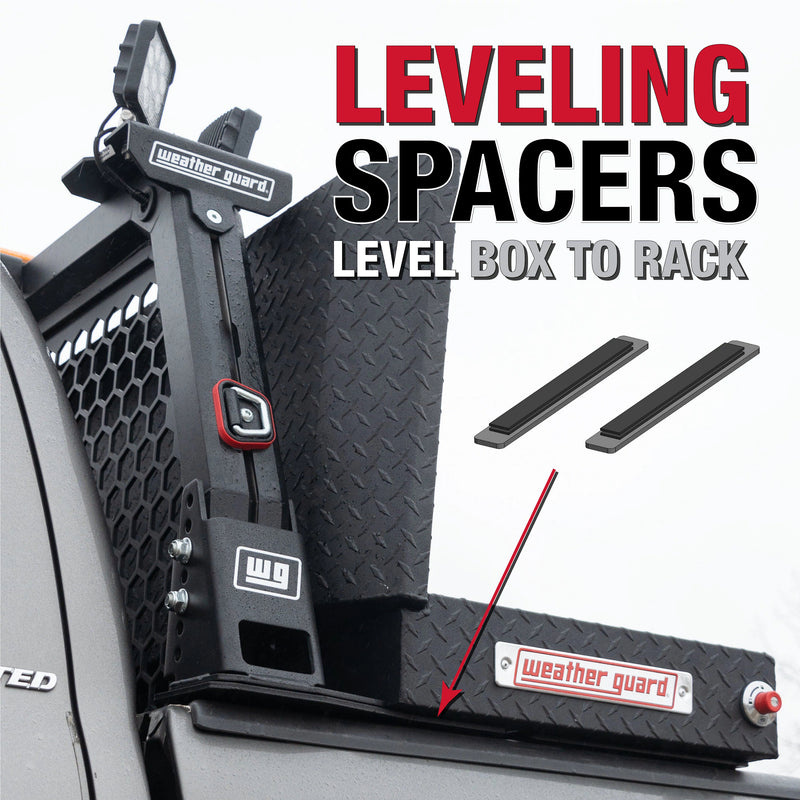 Weather Guard marketing tile showing leveling spacers used to line a toolbox up with the hex headache rack