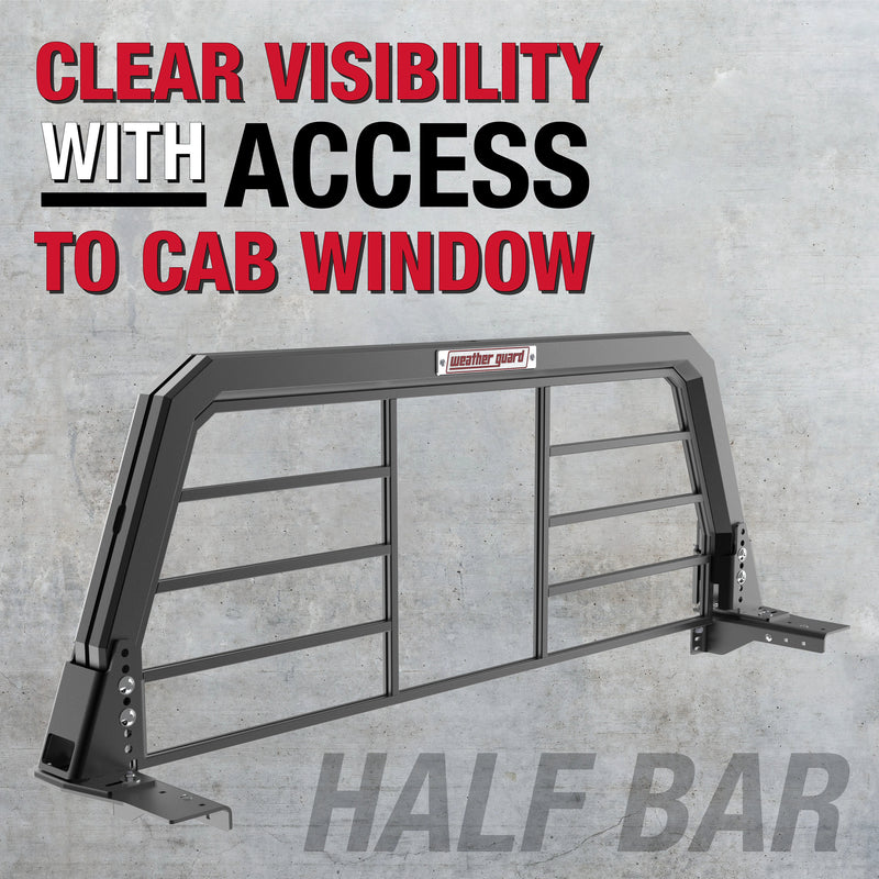 Weather Guard marketing tile for the half bar headache rack headlined clear visibility with access to cab window