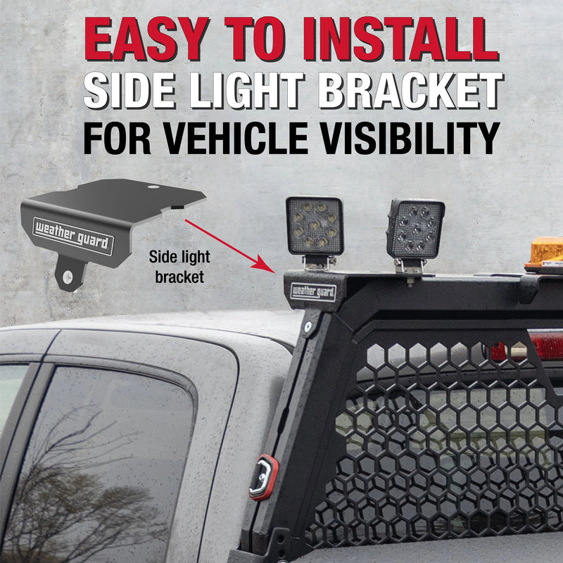 Weather Guard marketing tile showing side light brackets carrying two work lights on a headache rack