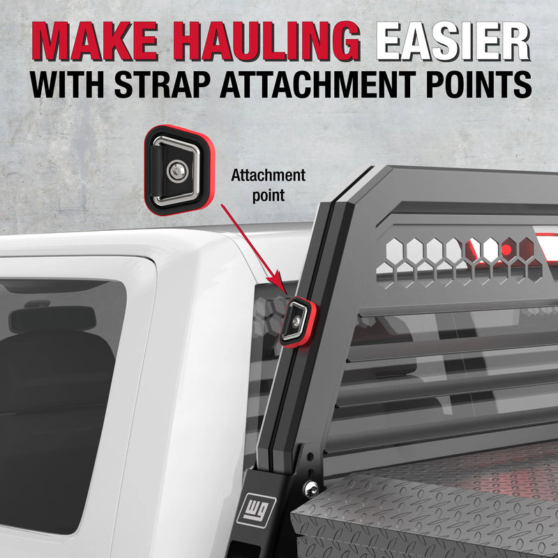 Weather Guard marketing tile showing a tie-down attachment point fitted to the upright of a headache rack on a white truck