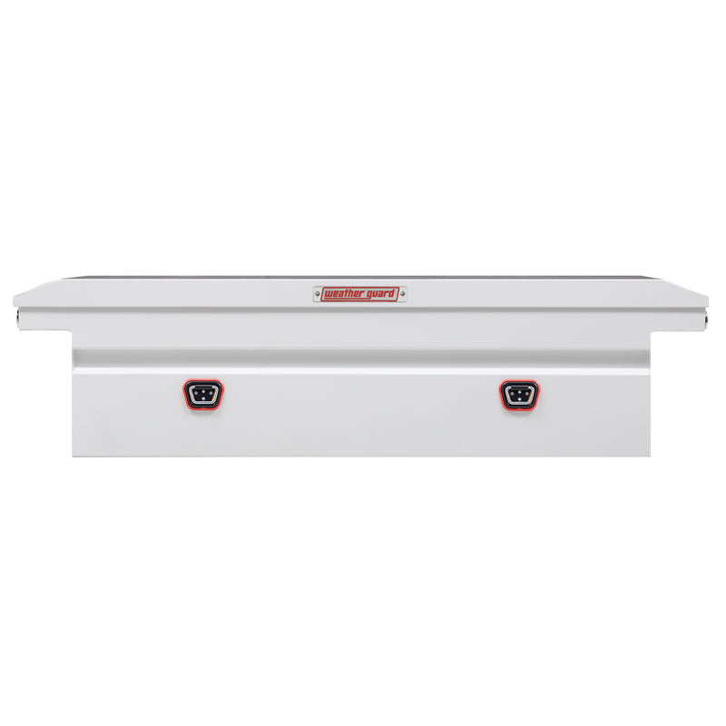 Weather Guard 120-3-04 crossover saddle box in brite white, straight-on front elevation with the lid closed