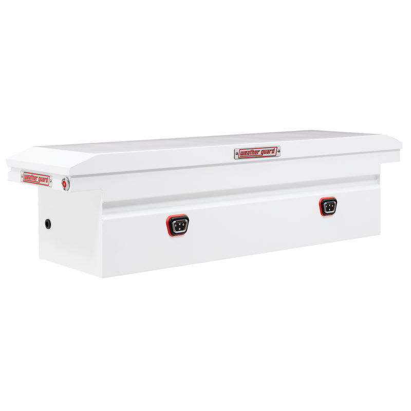 Weather Guard 120-3-04 crossover saddle box in brite white, front three-quarter studio view with the lid closed