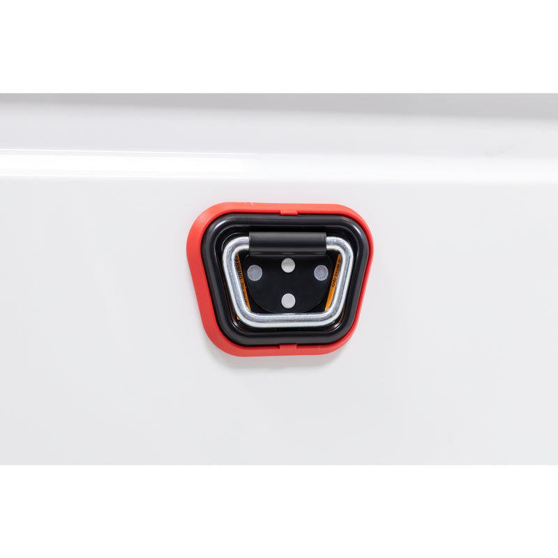 Weather Guard 120-3-04 crossover saddle box in brite white, close-up of the reinforced tie-down buckle on the body