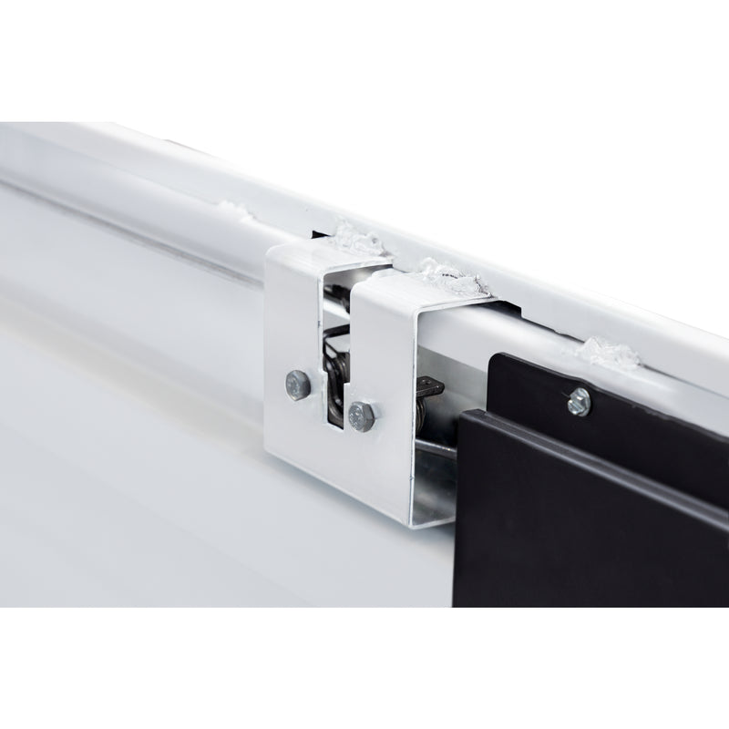 Weather Guard 120-3-04 crossover saddle box in brite white, close-up of the rotary latch and locking mechanism inside the body