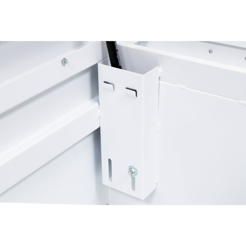 Weather Guard 120-3-04 crossover saddle box in brite white, close-up of the welded gas strut shield inside the body