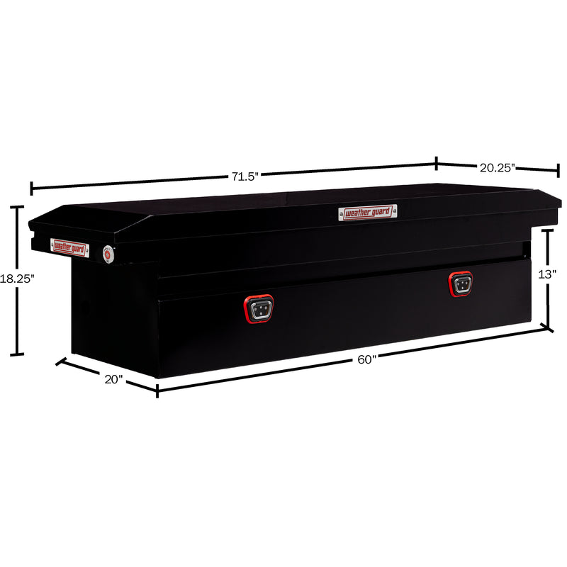 Weather Guard 120-5-04 crossover saddle box in gloss black, dimensional line drawing with the overall length, width and height called out