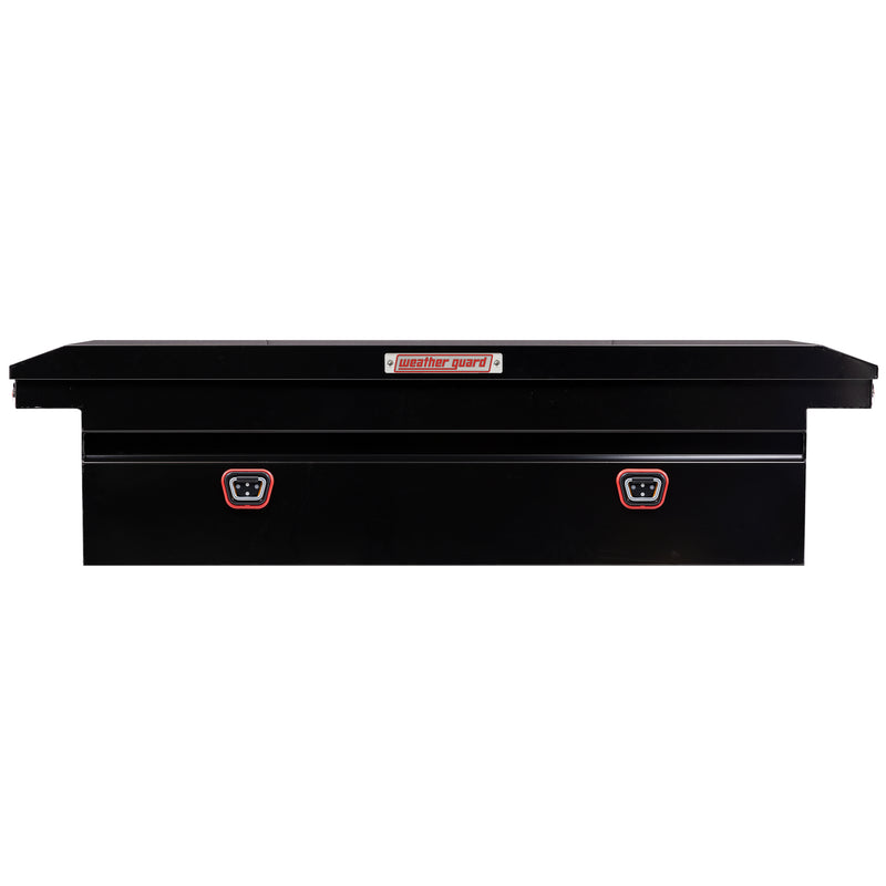 Weather Guard 120-5-04 crossover saddle box in gloss black, straight-on front elevation with the lid closed