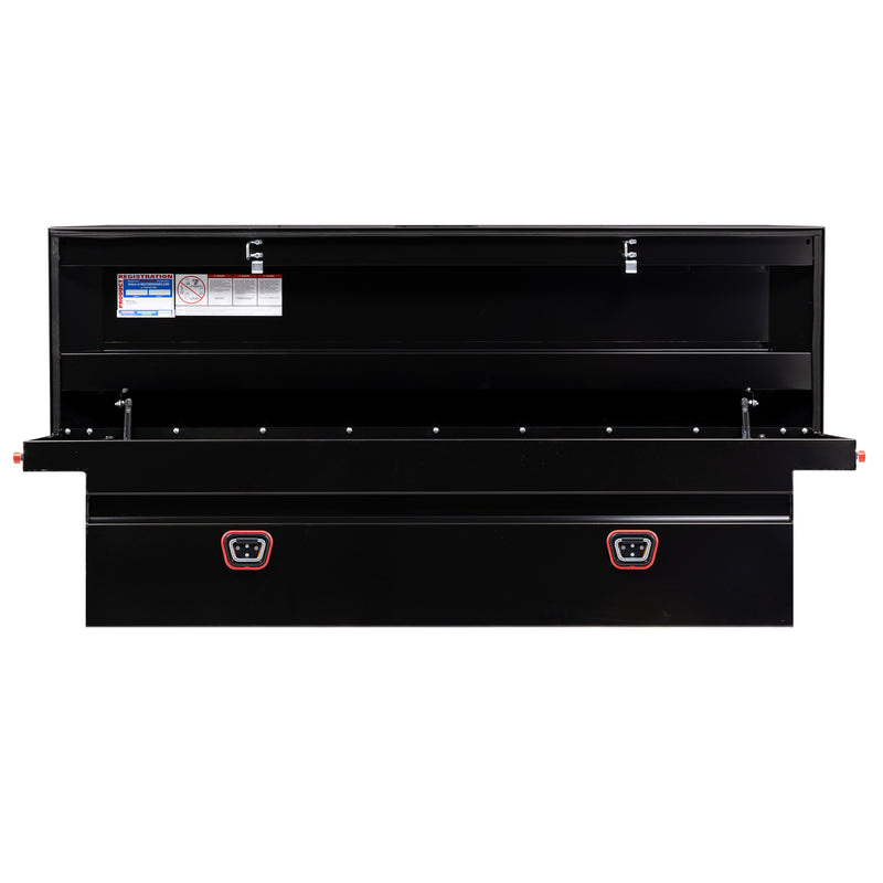 Weather Guard 120-5-04 crossover saddle box in gloss black, straight-on front view with the lid open, showing the full interior