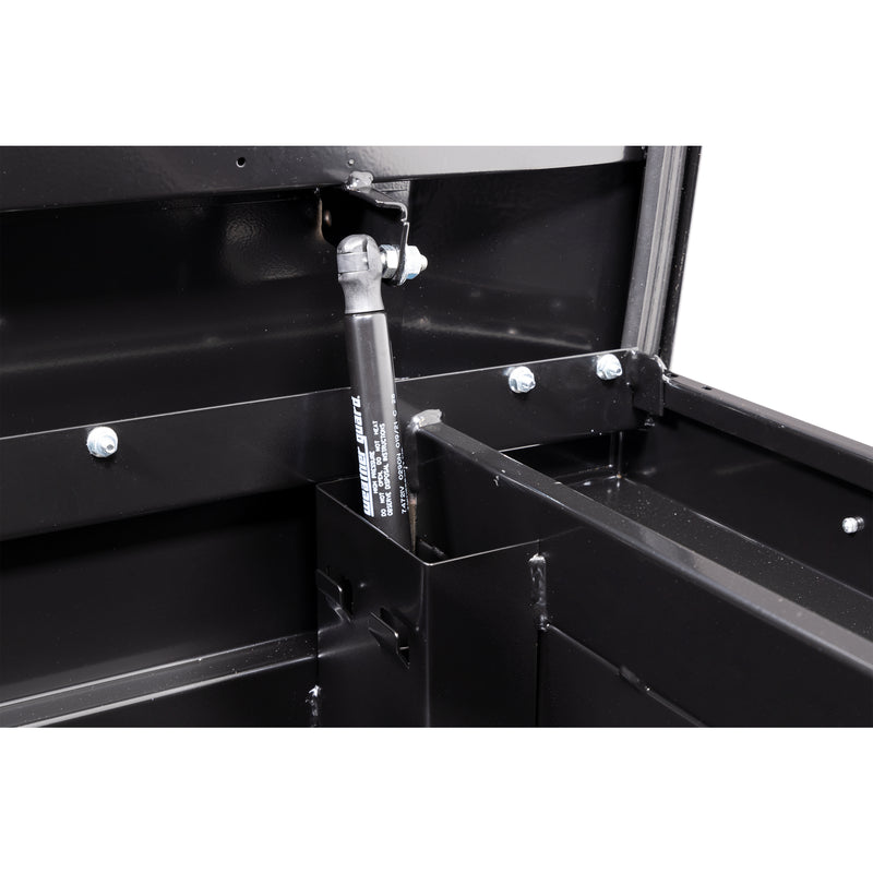 Weather Guard 120-5-04 crossover saddle box in gloss black, close-up of the gas strut holding the lid open