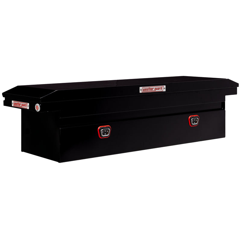 Weather Guard 120-5-04 crossover saddle box in gloss black, front three-quarter studio view with the lid closed