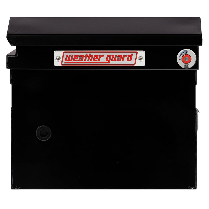 Weather Guard 120-5-04 crossover saddle box in gloss black, side profile showing the body depth and the bed-rail notch