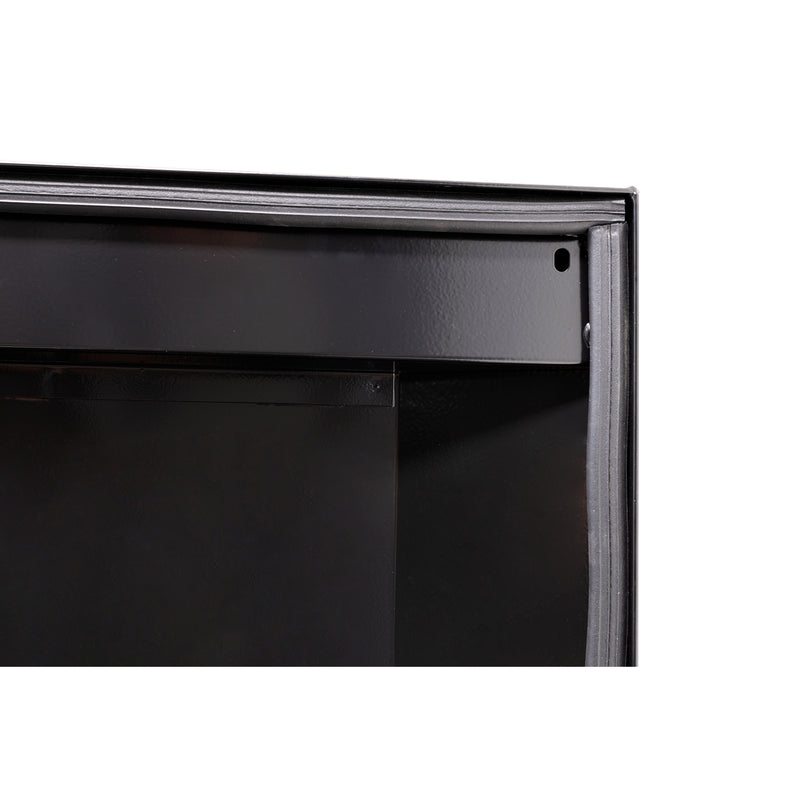 Weather Guard 120-5-04 crossover saddle box in gloss black, close-up of the D-shaped ribbed weather seal around the opening