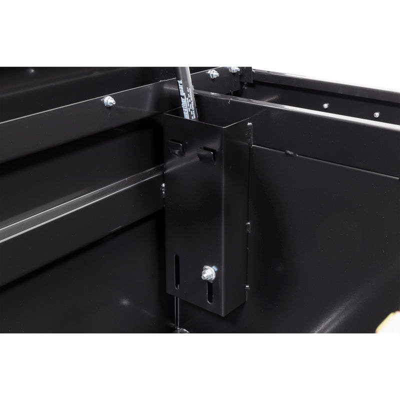 Weather Guard 120-5-04 crossover saddle box in gloss black, close-up of the welded gas strut shield inside the body