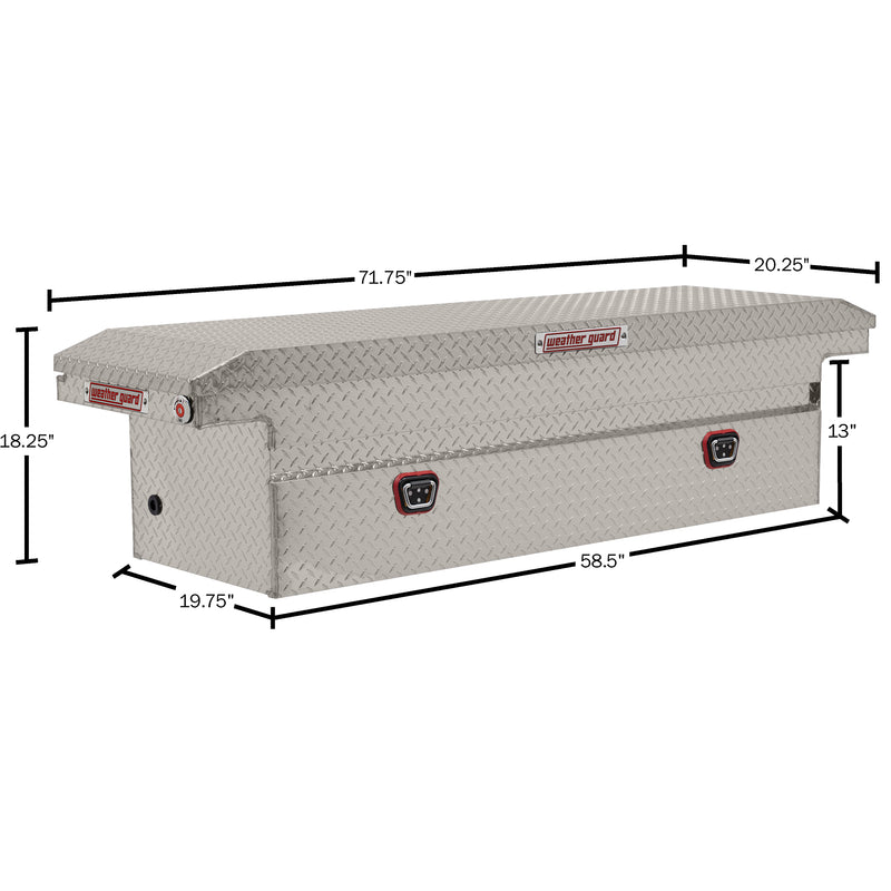 Weather Guard 121-0-04 crossover saddle box in bright aluminum diamond plate, dimensional line drawing with the overall length, width and height called out