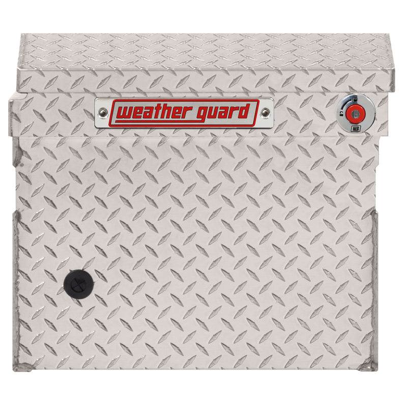 Weather Guard 121-0-04 crossover saddle box in bright aluminum diamond plate, side profile showing the body depth and the bed-rail notch