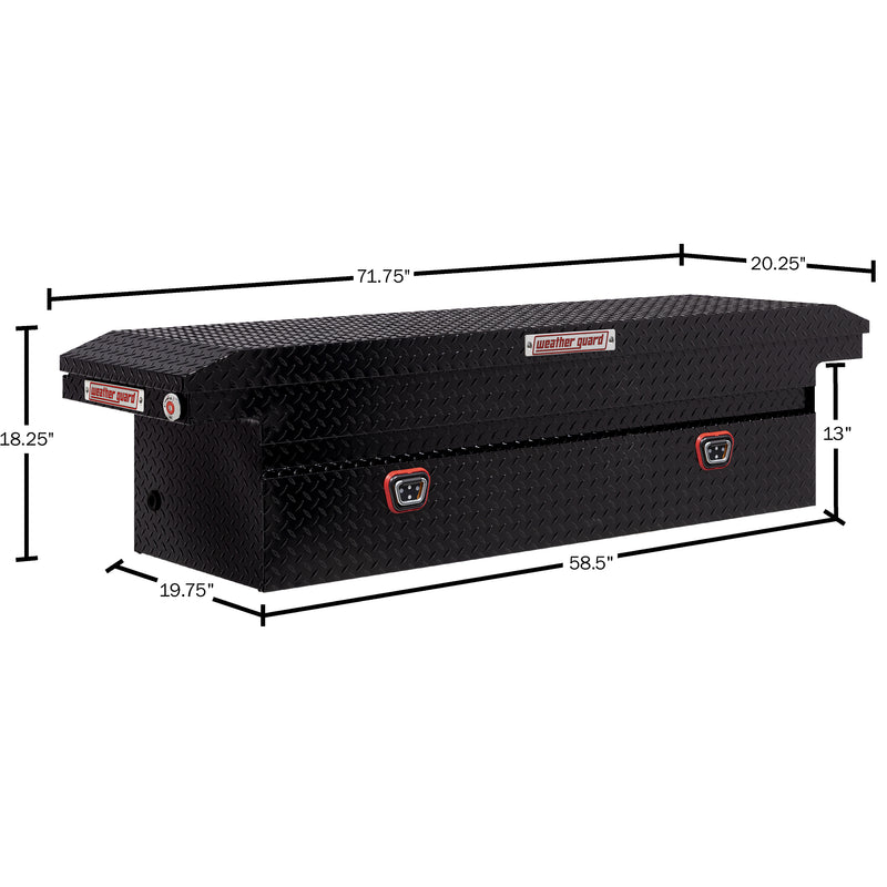 Weather Guard 121-5-04 crossover saddle box in gloss black, dimensional line drawing with the overall length, width and height called out