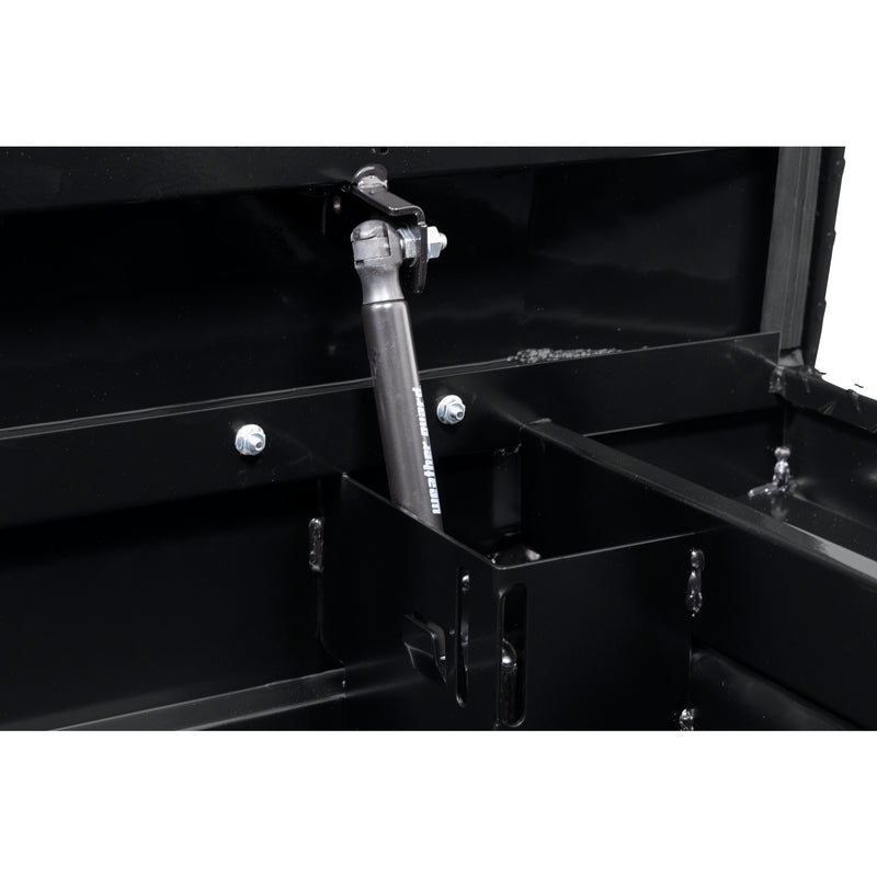 Weather Guard 121-5-04 crossover saddle box in gloss black, close-up of the gas strut holding the lid open