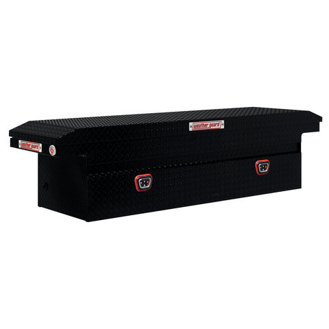 Weather Guard 121-5-04 crossover saddle box in gloss black, front three-quarter studio view with the lid closed